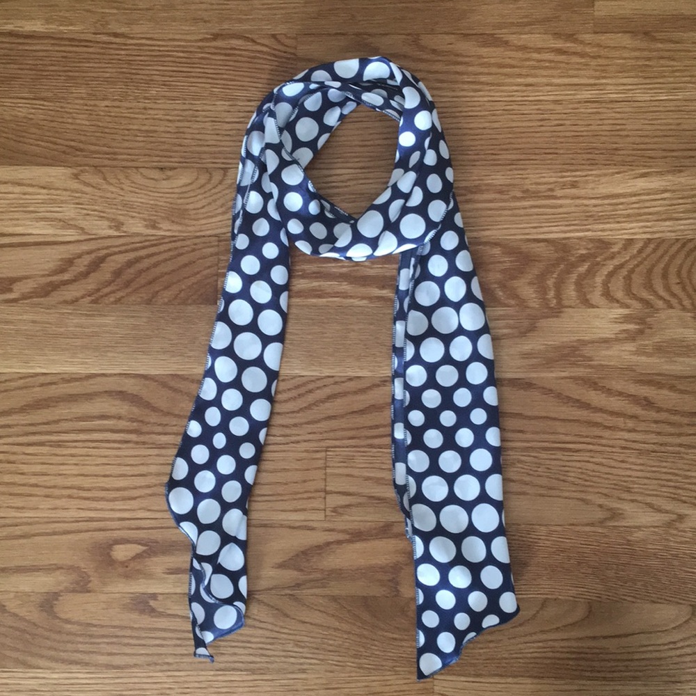 Navy and white polka dot head scarf